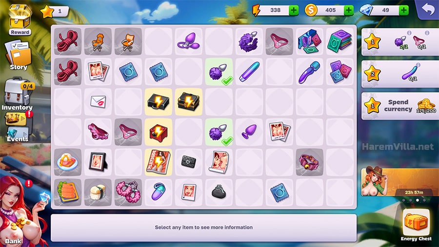 Tablero de objetos para fusionar y ganar estrellas en Harem Villa