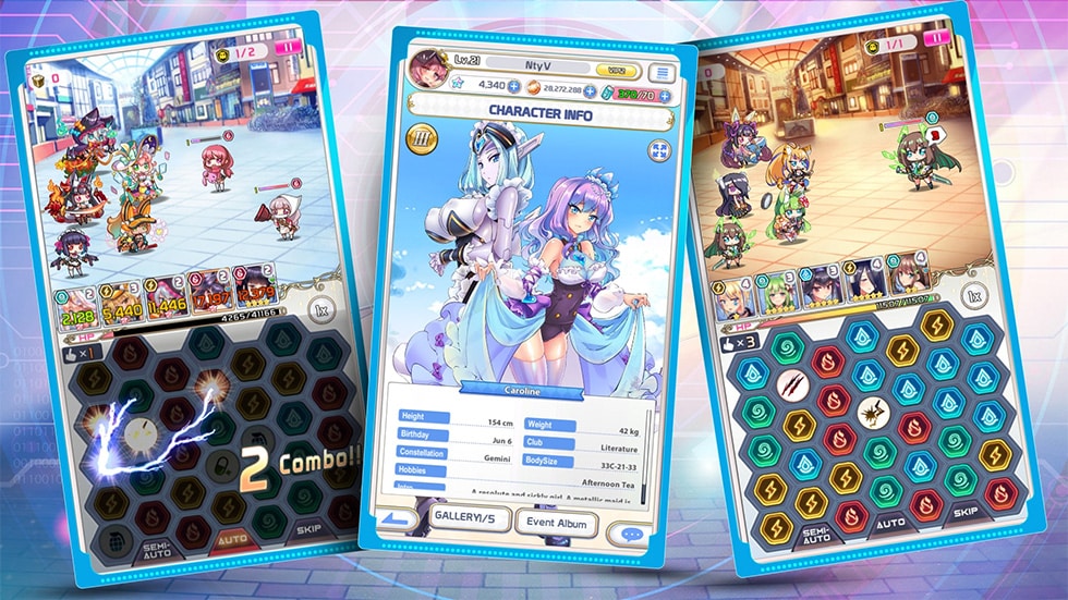 Gameplay de combate en Project QT: tablero de runas abajo, batalla arriba